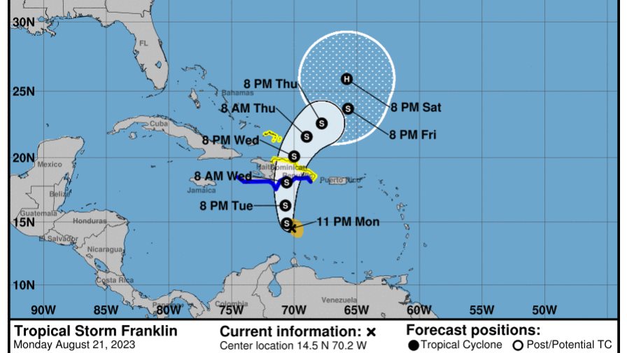 La Tormenta Tropical Franklin se acercará a RD este martes; sigue advertencia de que traerá muchas lluvias